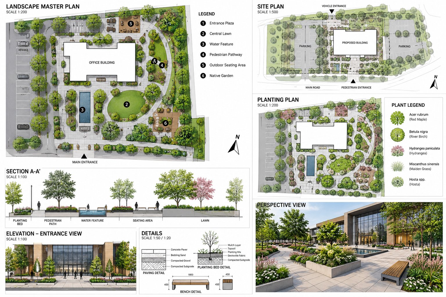 Commercial landscape master plan with planting plan, section, entrance elevation, construction details and a perspective view