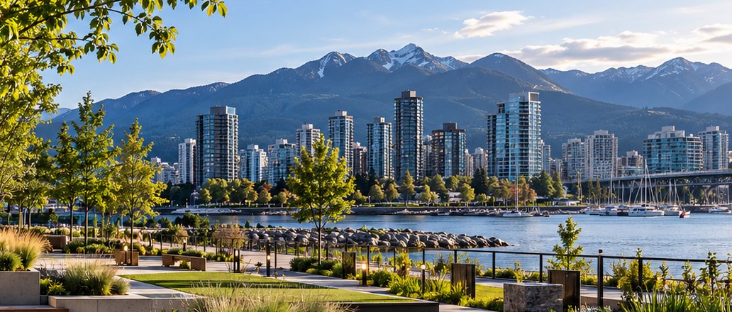 Downtown Vancouver towers along the water with the North Shore mountains behind
