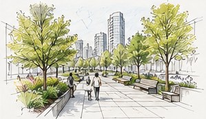Perspective sketch of a tree-lined promenade with benches and people walking