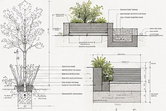 Construction details for a tree pit and raised planter with annotated soil layers