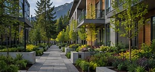Paved courtyard walk lined with raised planters between mid-rise residential buildings