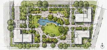 Hand-rendered site plan showing a central lawn, pond and tree-lined paths between four buildings
