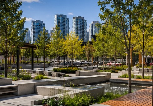 Urban plaza with concrete seating terraces, a shallow water channel and young trees in front of residential towers